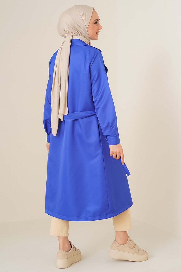 T5853 Kruvaze Yaka Tesettür Trençkot - Saks - 4