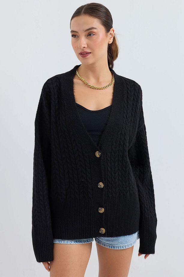 15885 Örgülü Oversize Triko Hırka - Siyah - 4