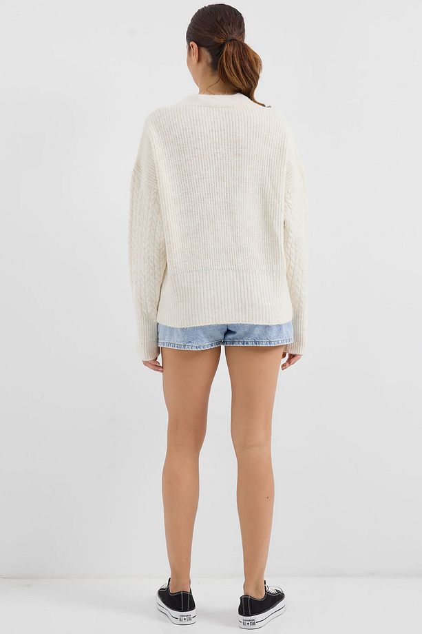 15885 Örgülü Oversize Triko Hırka - Ekru - 6