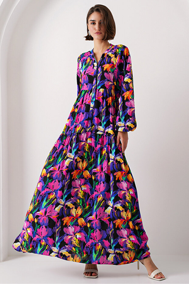 2423 موديل فستان منقوش أصلي - E. أرجواني - 2