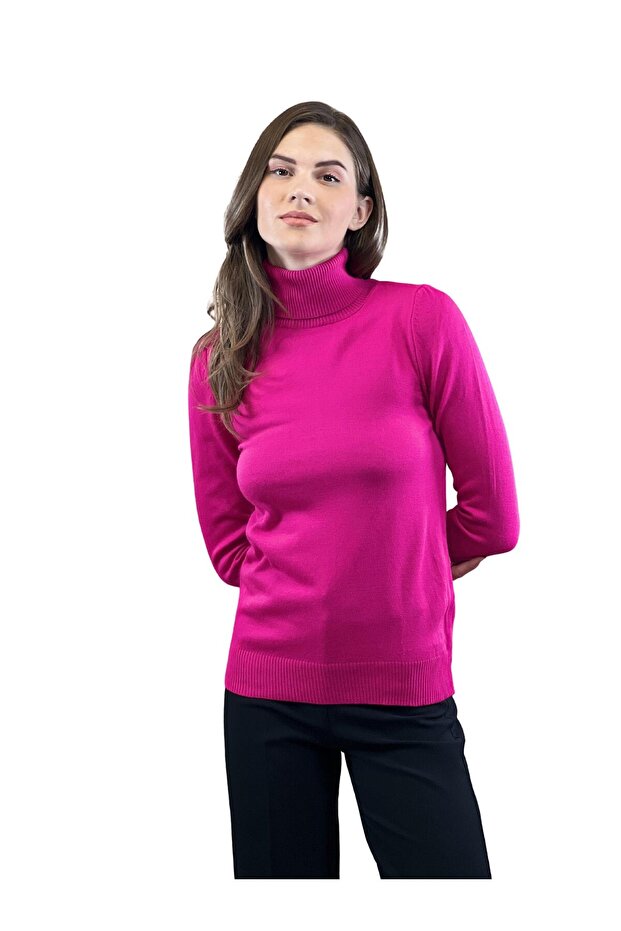 Fuşya Balıkçı Yaka Basic Kadın Triko Kazak - 3