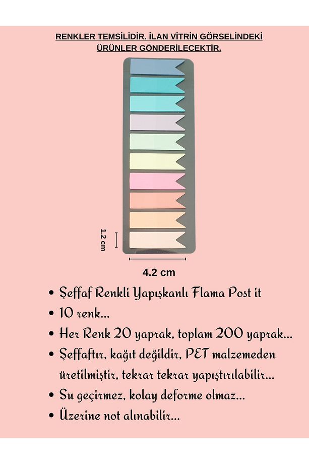 Şeffaf Renkli Postit Flama Post it Yapışkanlı Not Kağıdı Etiket Kitap Ayraç Post-it Ayrac - 2