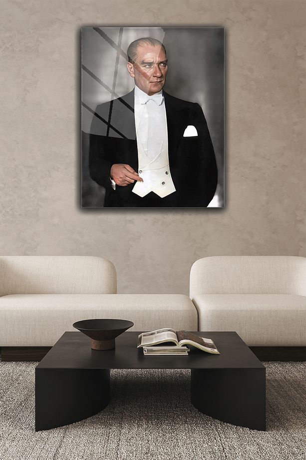 Gri MUSTAFA KEMAL ATATÜRK Desenli, Modern Sanat, 4 mm Temperli, Kırılmaz Cam Tablo - 3