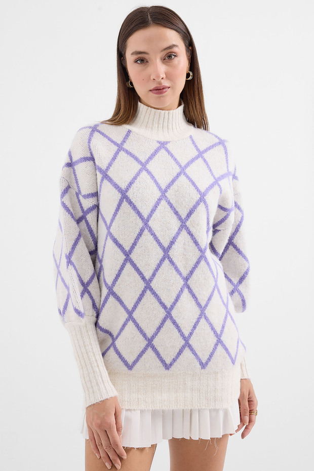 15889 Balıkçı Yaka Oversize Triko Kazak - Lila - 4