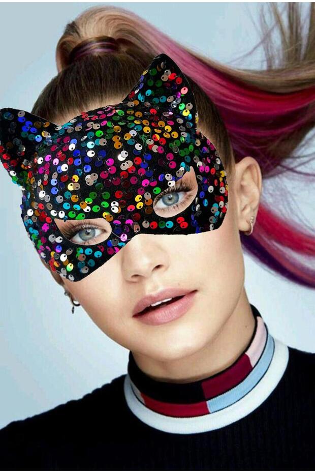 Colorful Sequined Party Mask on Black Velvet Fabric 16X14 cm