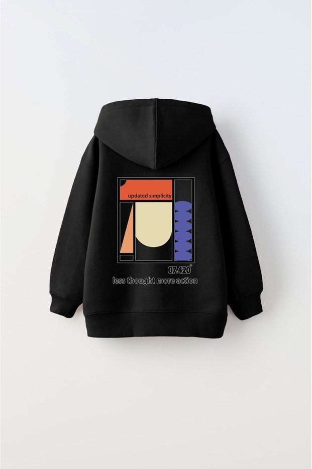 Hooded Fleece Inside Updated Simplicity Printed Black Unisex Kids Hoodie Sweatshirt
