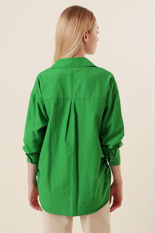 20132 Ip Büzgülü Oversize Gömlek - Yeşil - 6