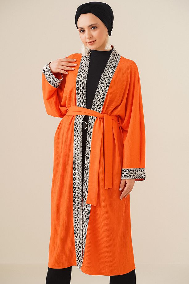 5865 Nakışlı Örme Uzun Kimono - Turuncu - 3
