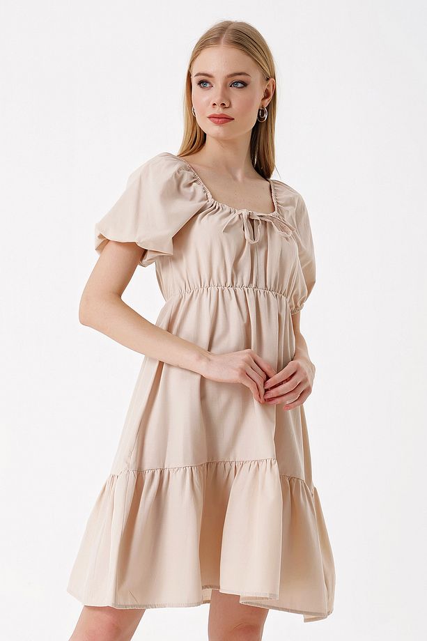 2351 Kloş Poplin Elbise - Bej - 2