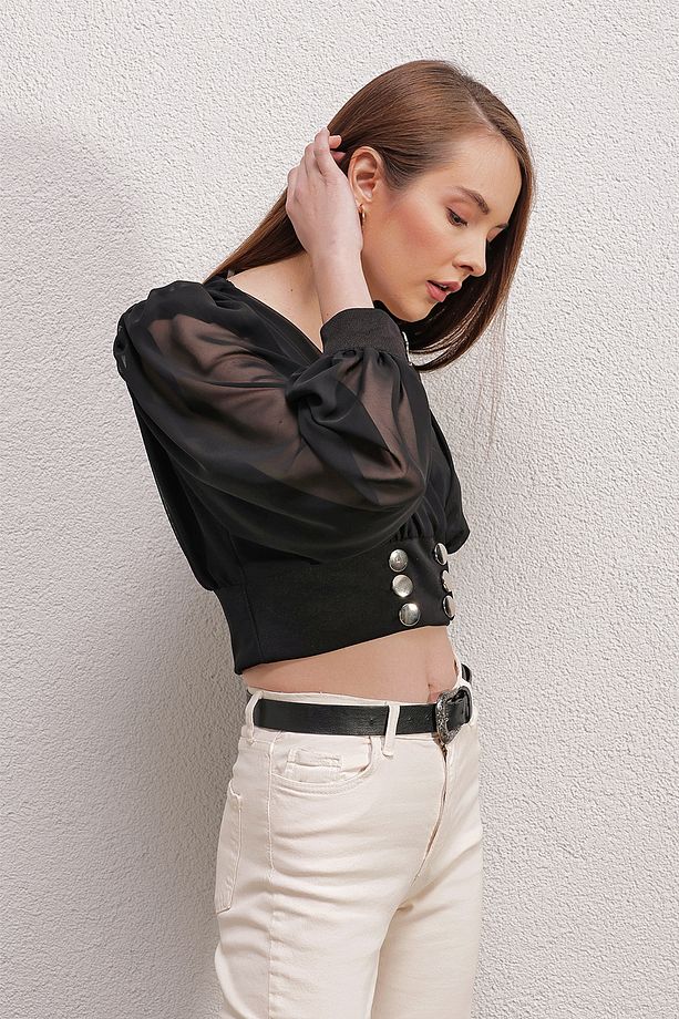 0464 Balon Kol Crop Bluz - Siyah - 5