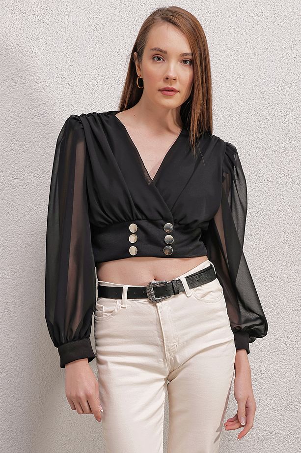 0464 Balon Kol Crop Bluz - Siyah - 3