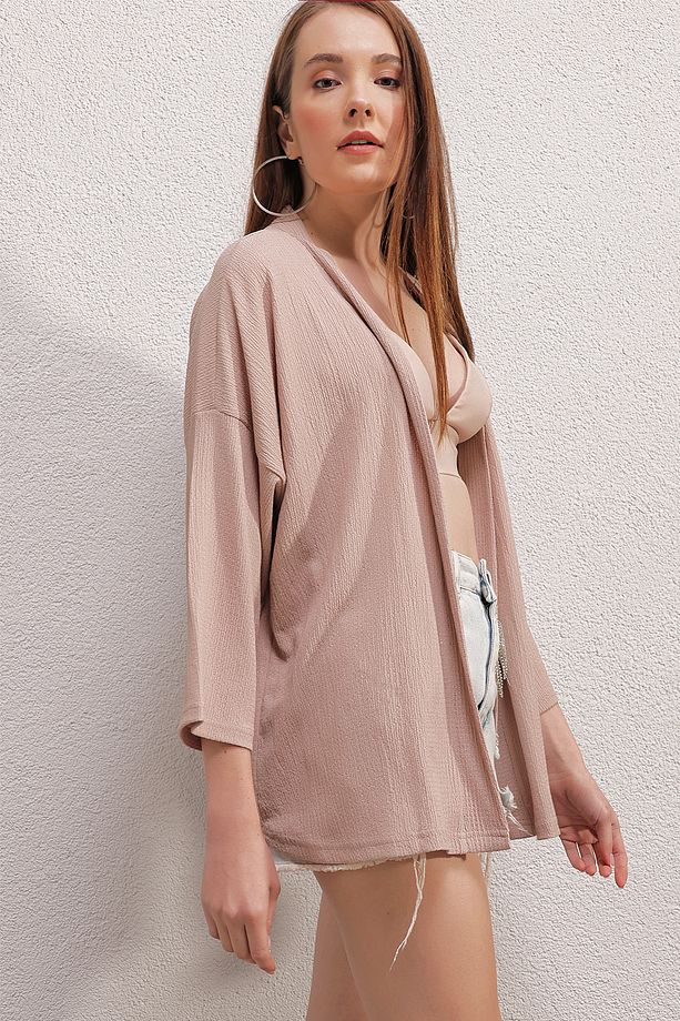 5862 Örme Kimono - Bej - 3