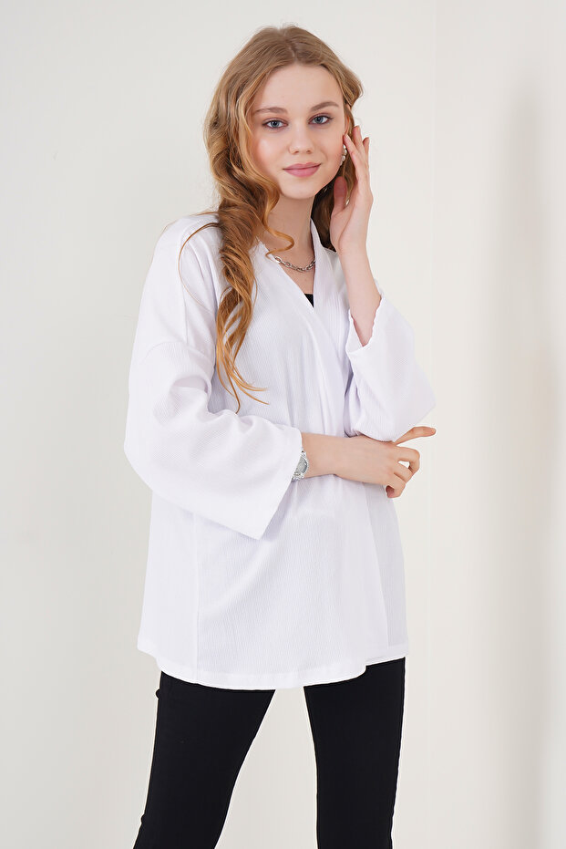 5862 Örme Kimono - Beyaz - 3