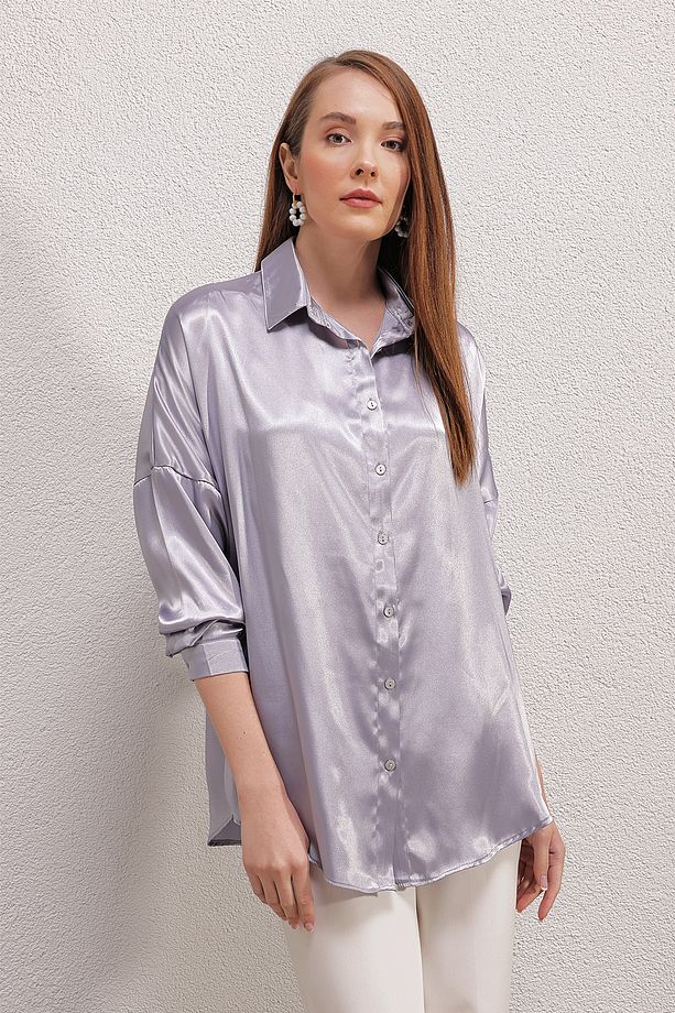 3985 Oversize Saten Gömlek - Lila - 1