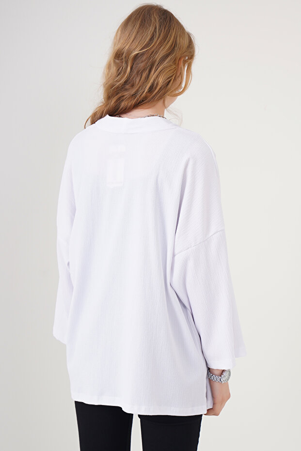 5862 Örme Kimono - Beyaz - 5