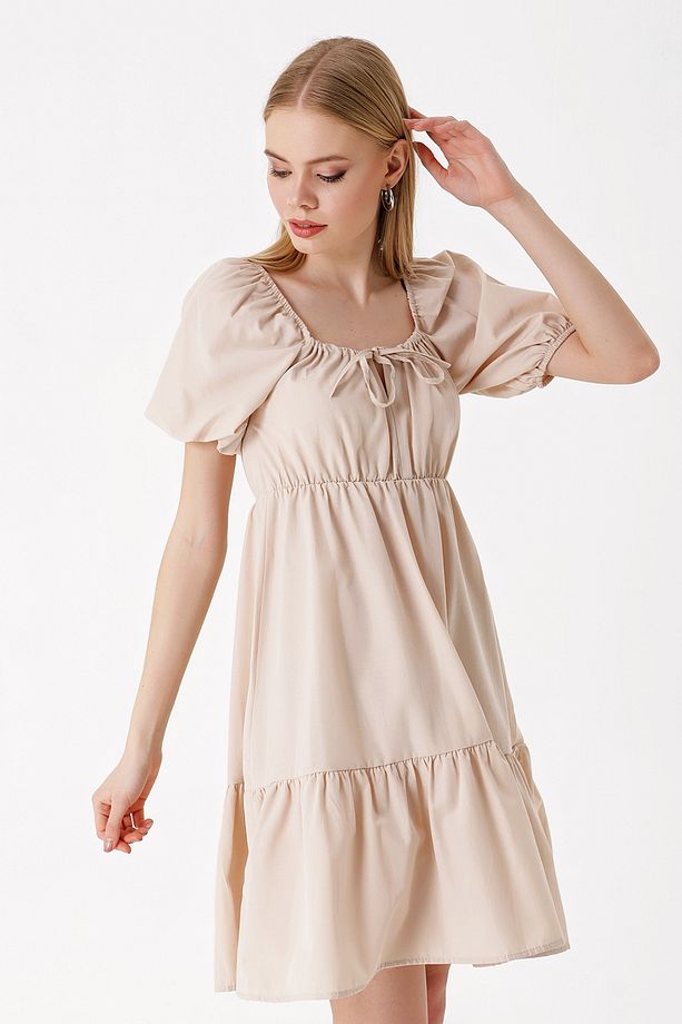 2351 Kloş Poplin Elbise - Bej - 4