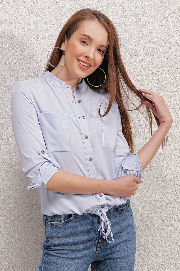3619 Önü Bağcıklı Gömlek - Mavi - 1