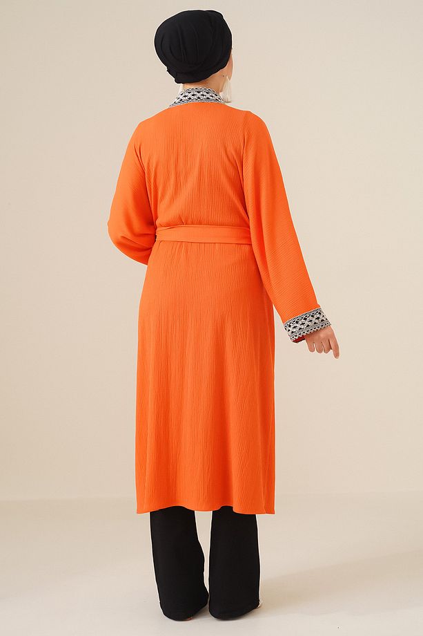5865 Nakışlı Örme Uzun Kimono - Turuncu - 5