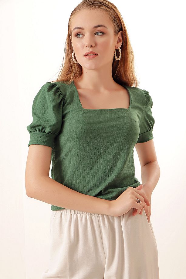 0409 Kare Yaka Örme Bluz - Zümrüt Yeşili - 4