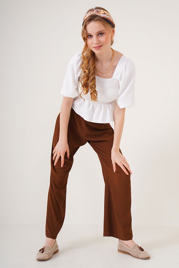 6543 Örme Pantolon - Kahverengi - 2