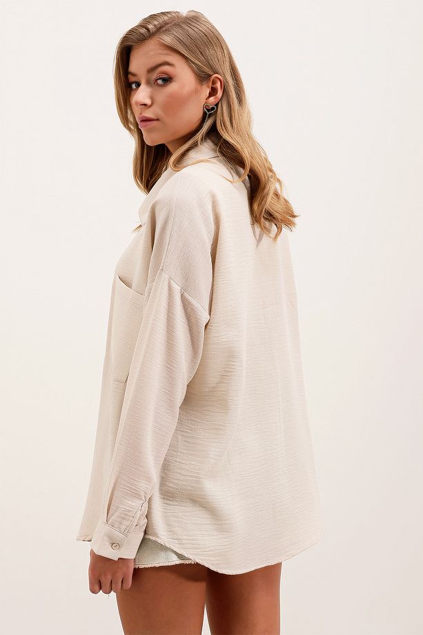20153 Tek Cepli Oversize Keten Gömlek - Krem - 6