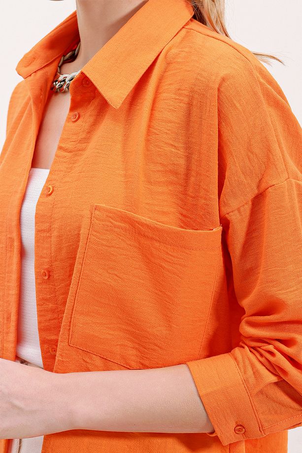 20153 Tek Cepli Oversize Keten Gömlek - Oranje - 5