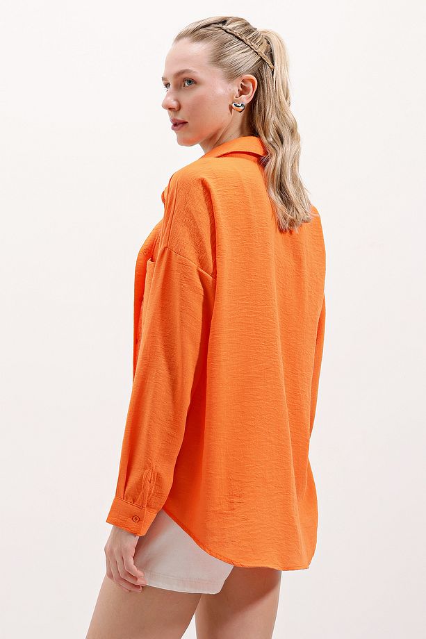 20153 Tek Cepli Oversize Keten Gömlek - Oranje - 6
