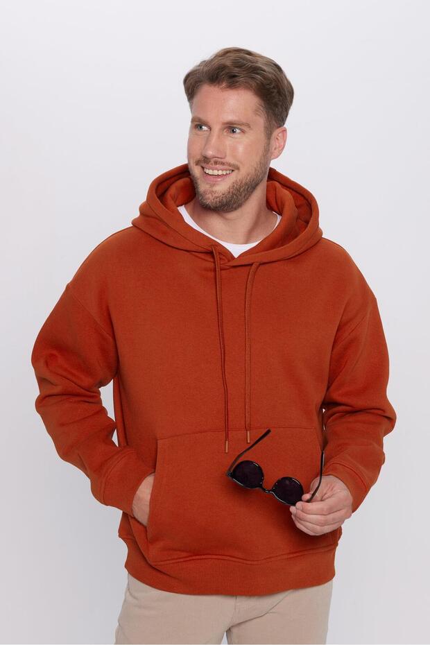 Unisex Oversize Wide Cut Cotton Soft Textured Inside Fleece Basic Brick Color Hooded Sweatshi