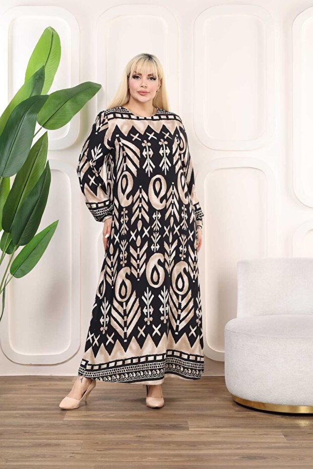 Women's Plus Size Black Woven Viscose Fabric Shawl Pattern Long Sleeve Dress 65N38331