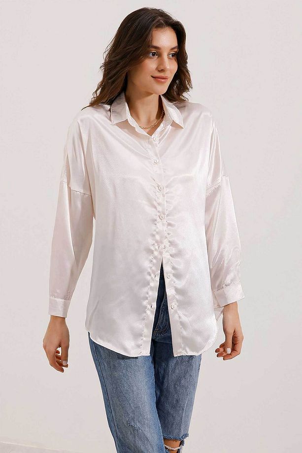 3985 Oversize Saten Gömlek - Bej - 1