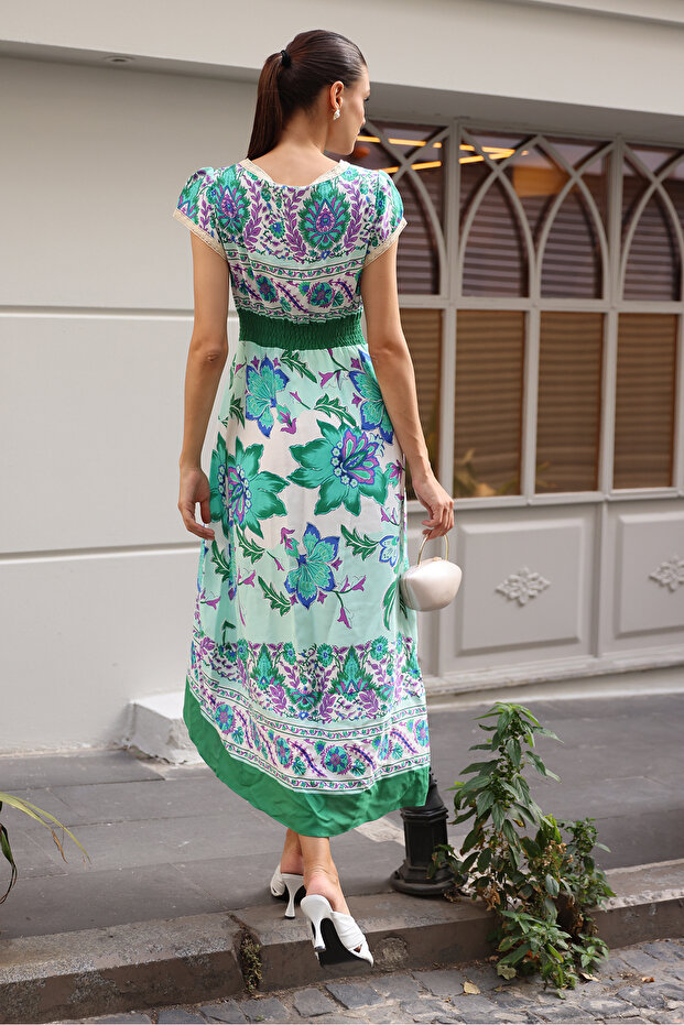 1701 BEL LASTİK DESENLİ ELBİSE - Yeşil - 4