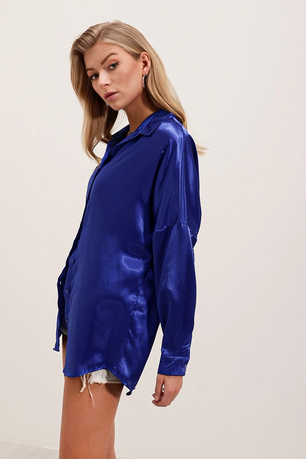 3985 Oversize Saten Gömlek - Saks - 5