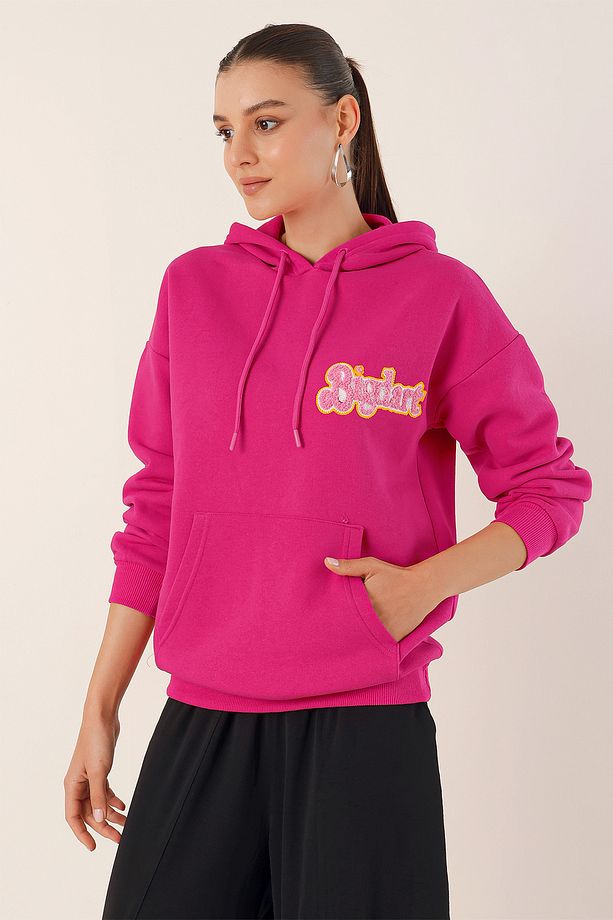 55424 Nakışlı Oversize Sweatshirt - Fuşya - 4