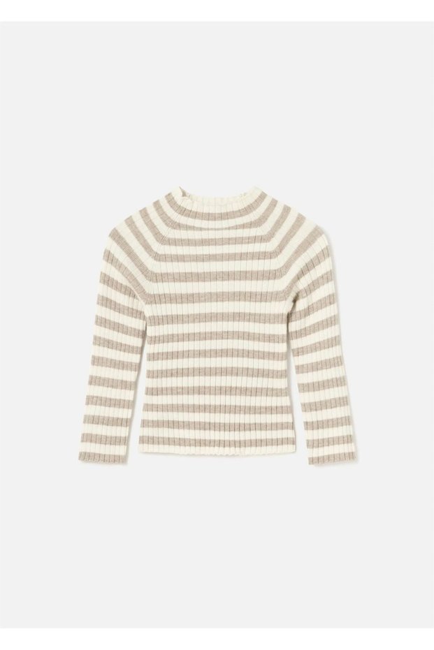 Baby Girl Knitted Turtleneck Striped Blouse Mink 2046