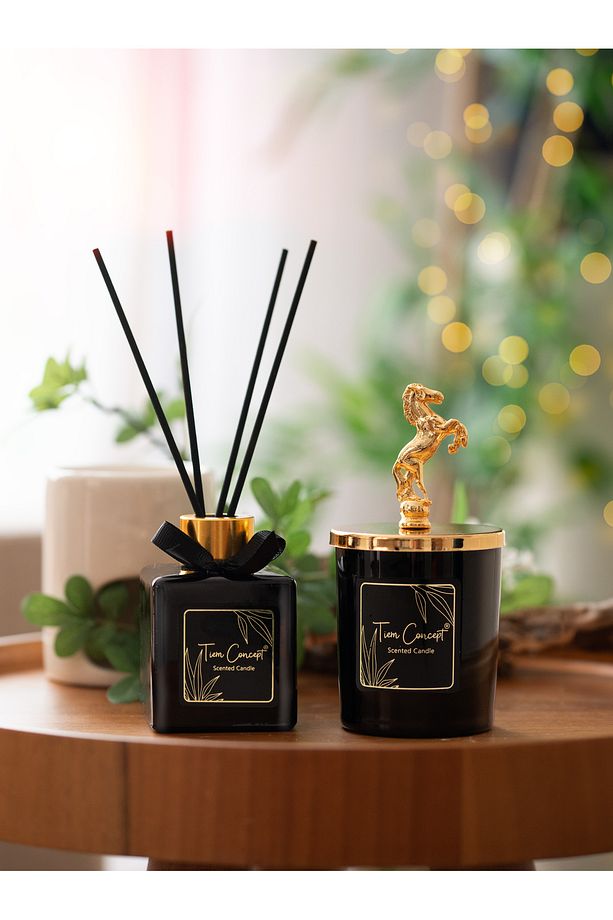 Dekoratif At Başlıklı Gold Detaylı Çubuklu Oda Kokusu 100 ml ve Siyah Bardak Mum Seti - 1