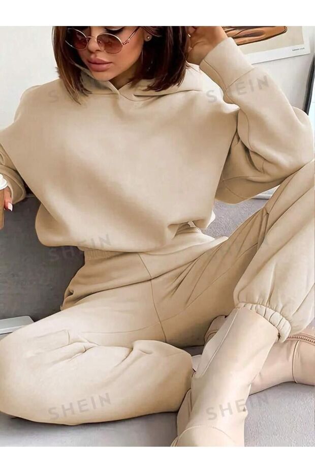 Women's Hooded Crop Sweatshirt Sweatpants 3 Thread Double Set
