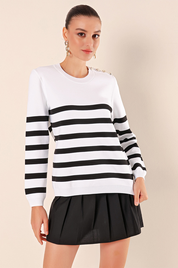 15820 Button Detailed Striped Sweater - C. Black