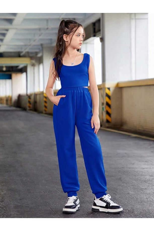 Kız Çocuk  Oversize Askılı Crop Eşofman 3'lü  Takım - 2