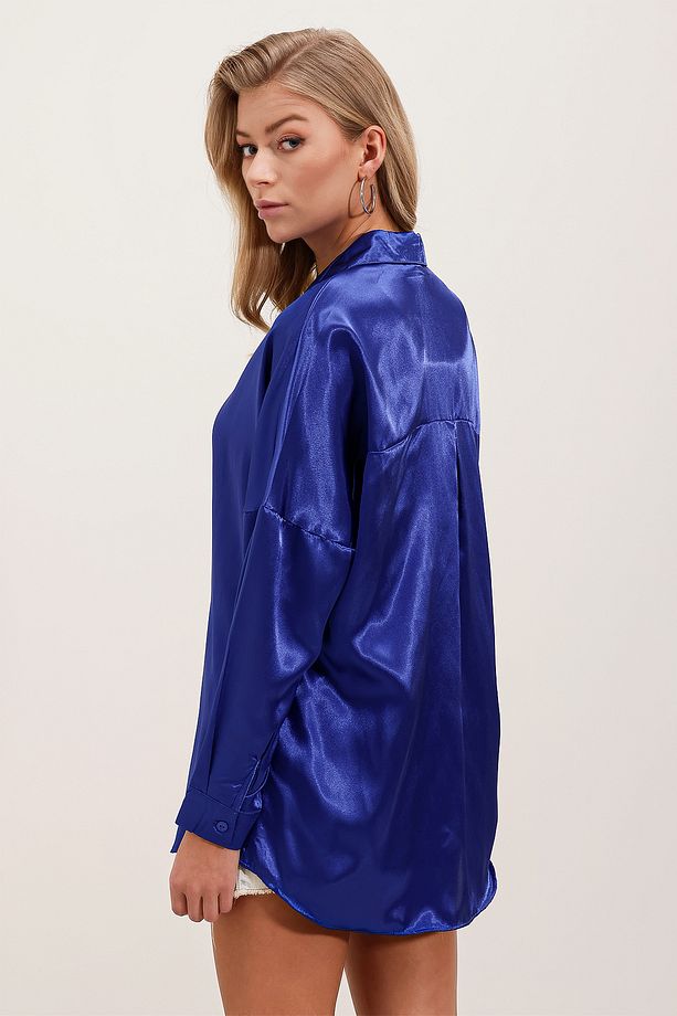3985 Oversize Saten Gömlek - Saks - 6