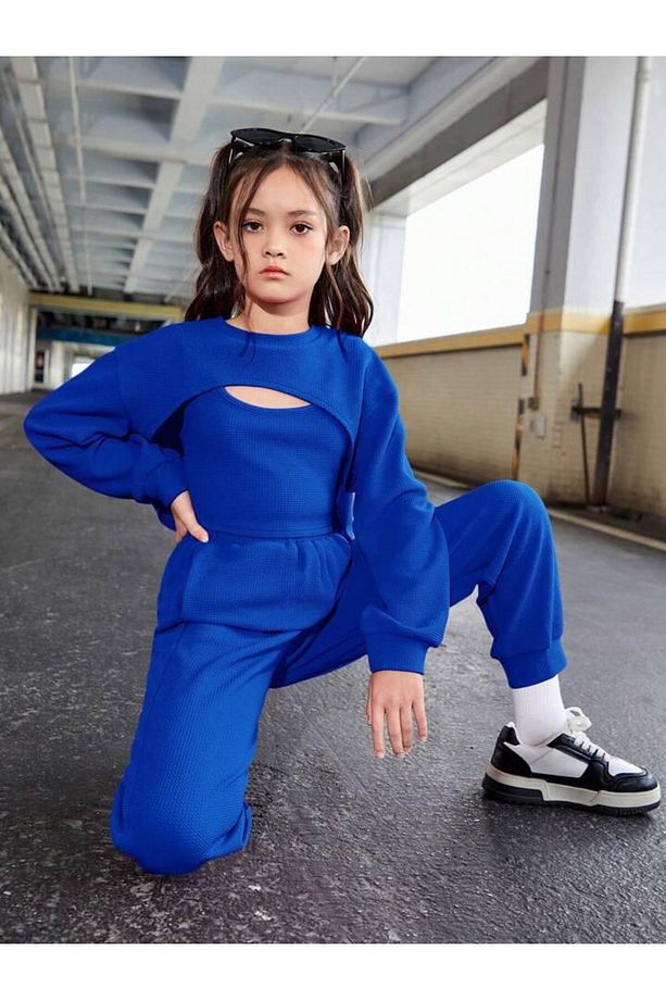 Kız Çocuk  Oversize Askılı Crop Eşofman 3'lü  Takım - 1