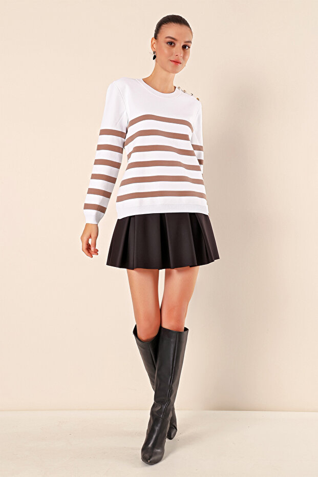 15820 Button Detailed Striped Sweater - C. Mink - 3