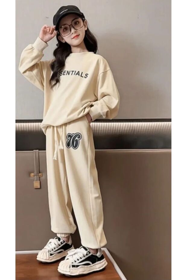 Children's Essentials Printed Oversize Crew Neck Sweatshirt Tracksuit Set