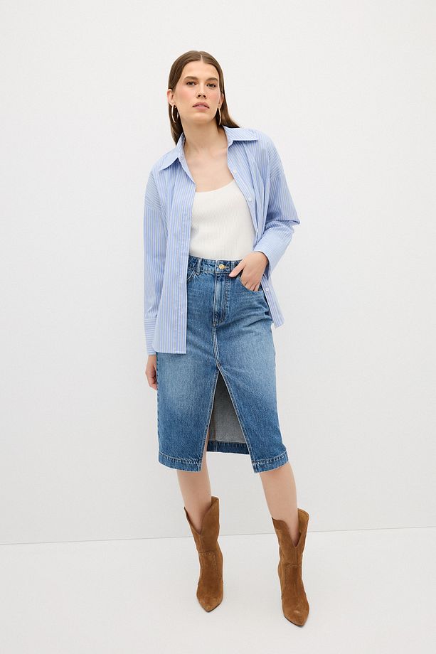 Önü Yırtmaçlı Denim Etek - 7