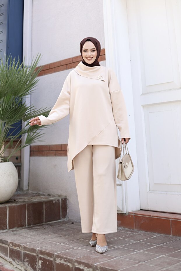 Scuba taş rengi tunik pantolon alt üst takım - 6