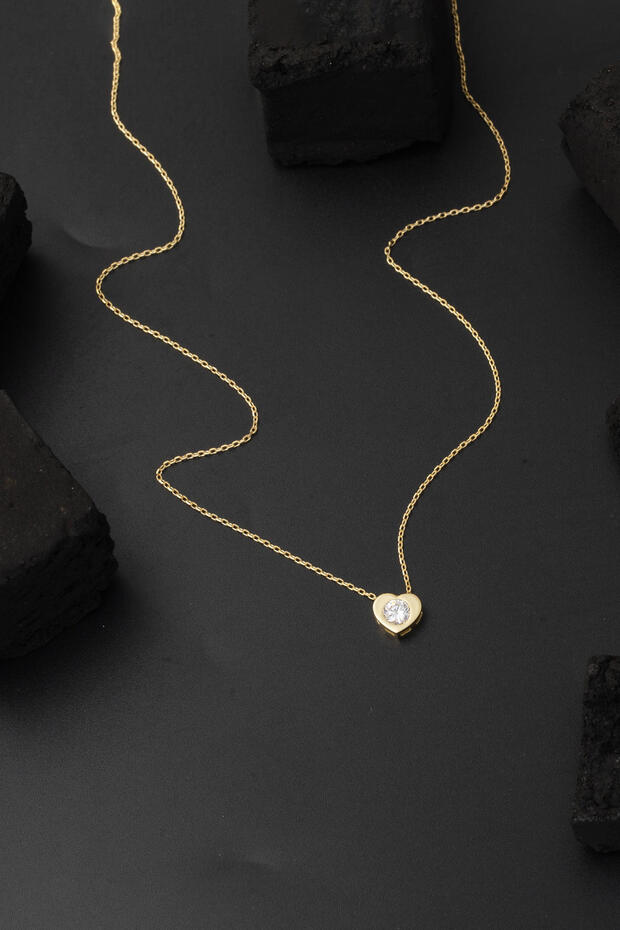 Tek Taşlı 14 Ayar Altın Kalp Kolye - 5