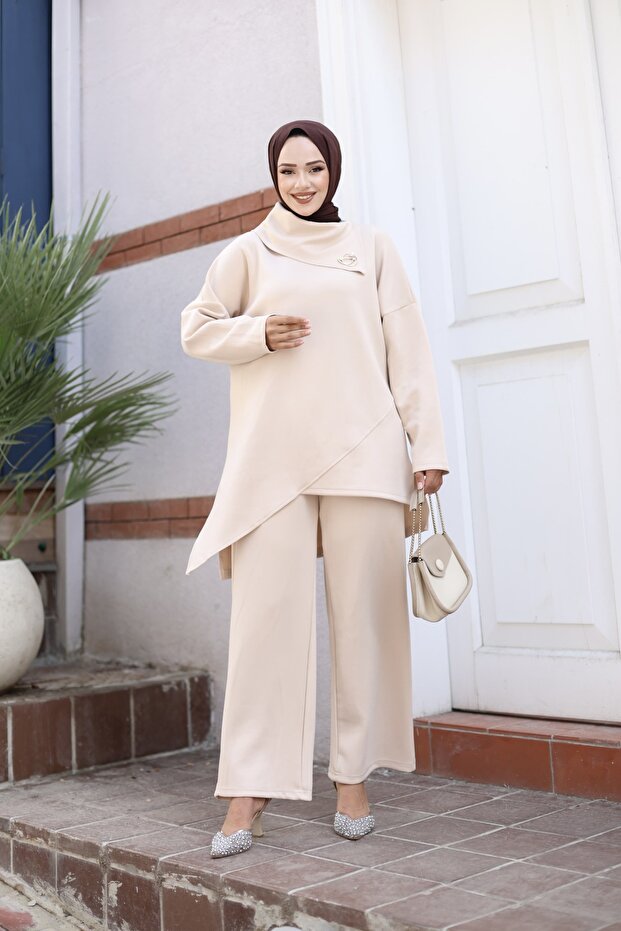 Scuba taş rengi tunik pantolon alt üst takım - 2