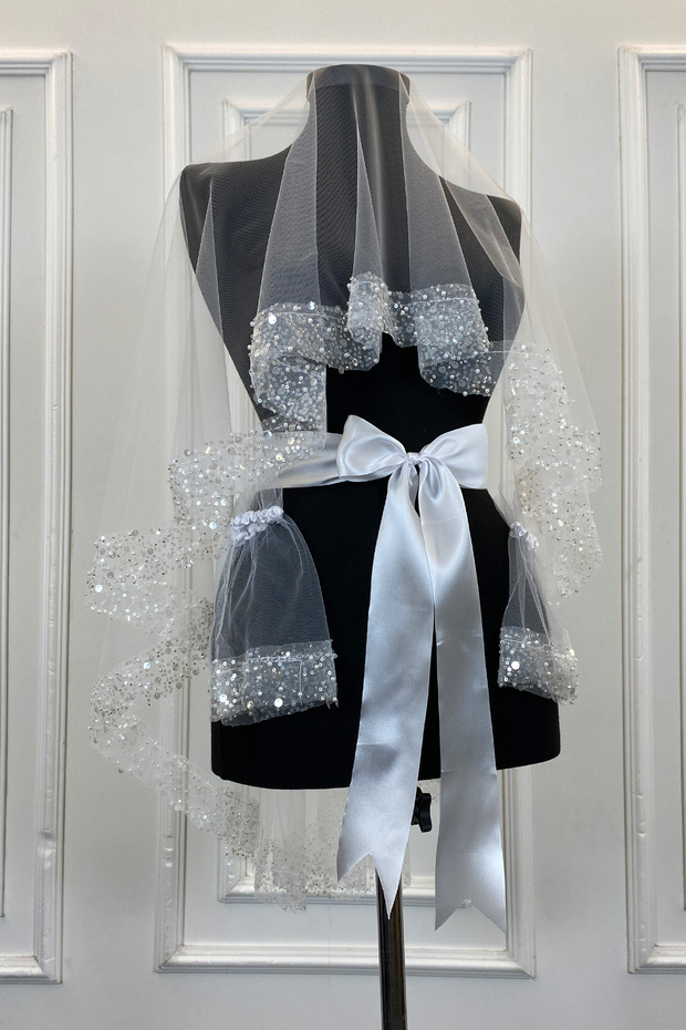 White Wide Sequin and Pearl Bridal Veil Set, Henna Night Cover Alı 6 Pieces