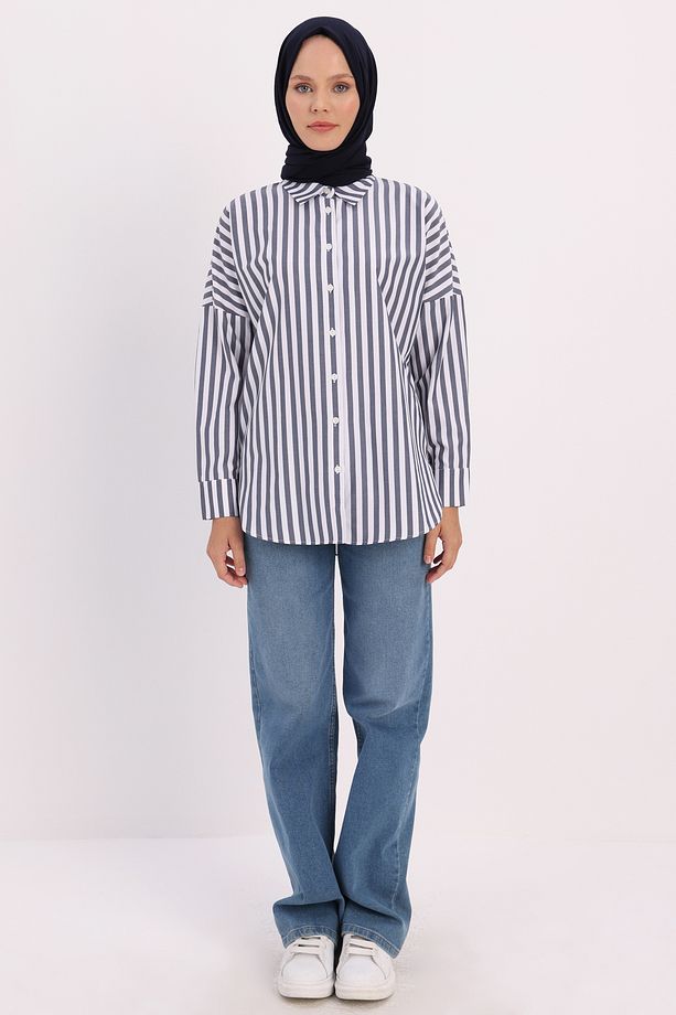 Lacivert-Beyaz Oversize Basic Gömlek - 2