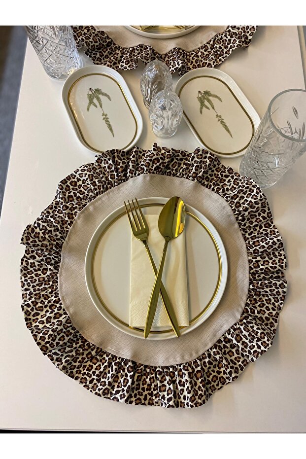 100% Cotton Leopard Ruffle Beige Plate Set 6 Pieces