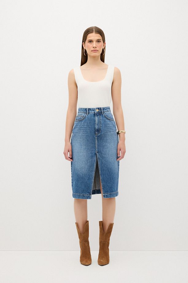 Önü Yırtmaçlı Denim Etek - 4